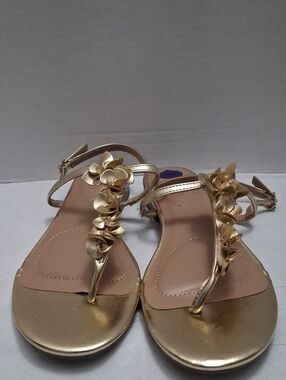 Anne Klein Size 8 1/2 Women's Metallic Gold Floral T-Strap Sandals